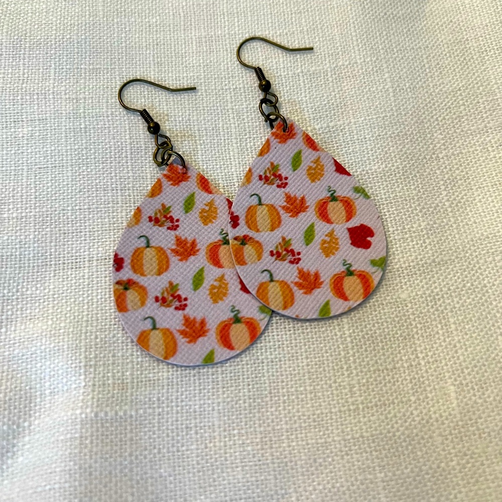 Faux leather tear drop earrings in fall pattern